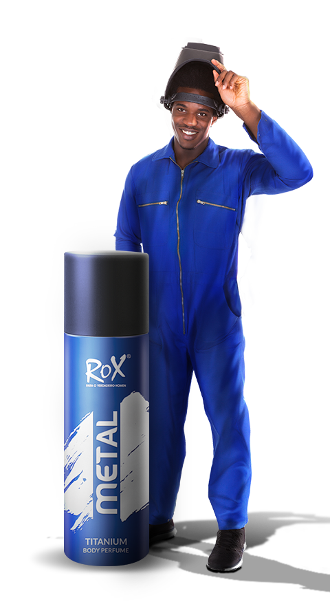 man in blue posing with metal perfume